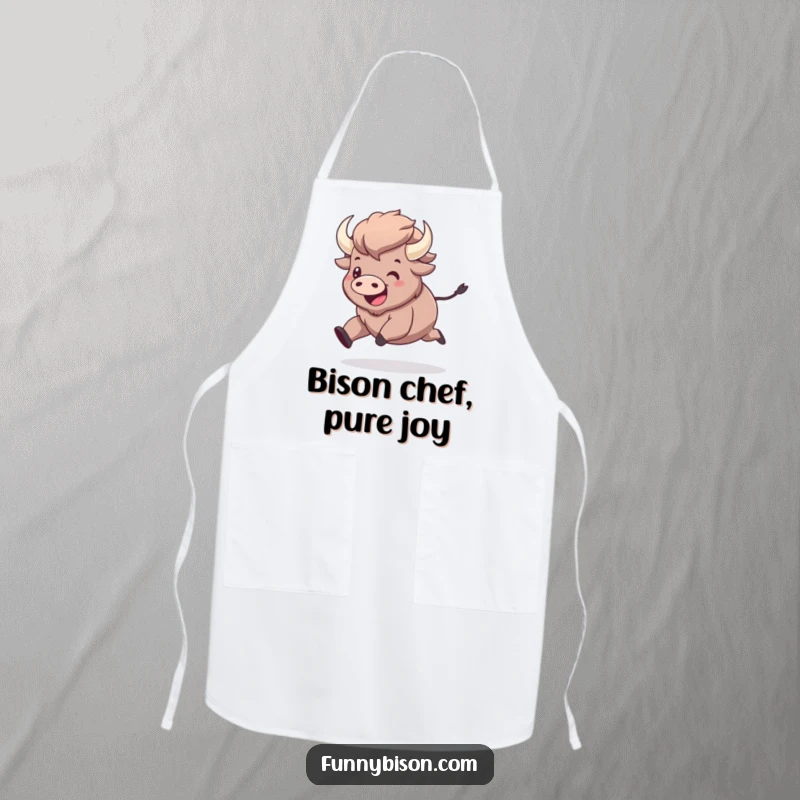 Funny kawaii bison happily prancing with pure joy, illustrated on a chef's apron, making cooking a more cheerful and humorous activity.