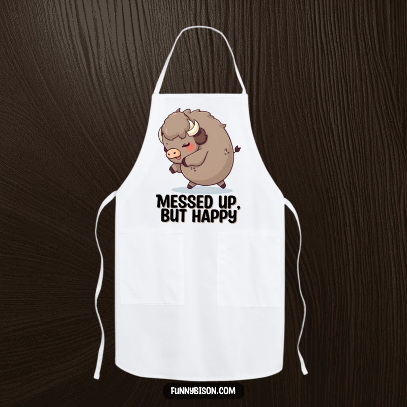 Funny round bison tripping playfully and landing on its fluffy rear, illustrated on a chef's apron for a humorous cooking session.