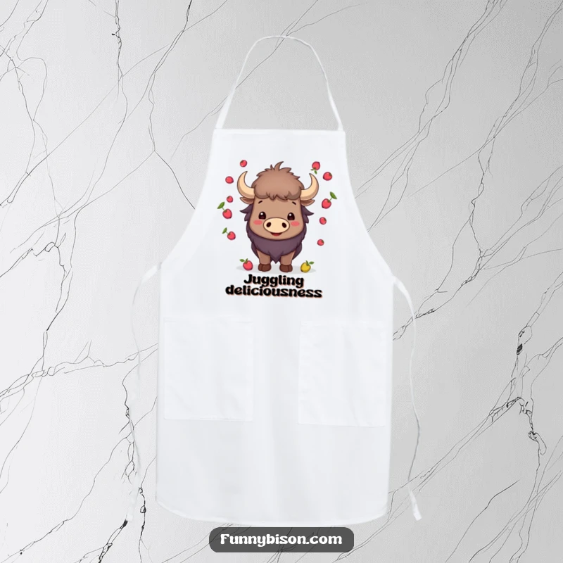 Funny smiling bison juggling small berries with its horns, illustrated on a chef's apron for a humorous and talented cooking experience.