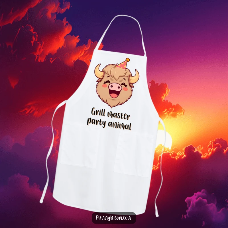 Funny apron showing a cute bison wearing a party hat, mouth open in a joyous laugh, ready for kitchen shenanigans.