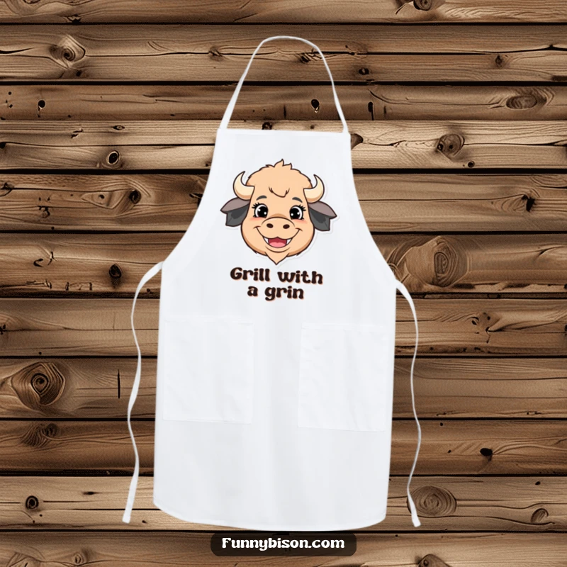 Funny apron displaying a stylized bison head with exaggerated happy eyes and a wide grin, ready for culinary fun.