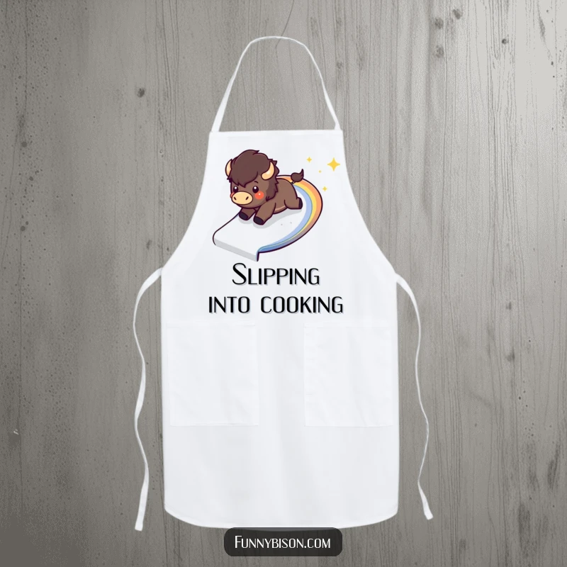 Funny Kawaii bison apron featuring a happy bison sliding down a sparkling, curved rainbow, adding fun to cooking.