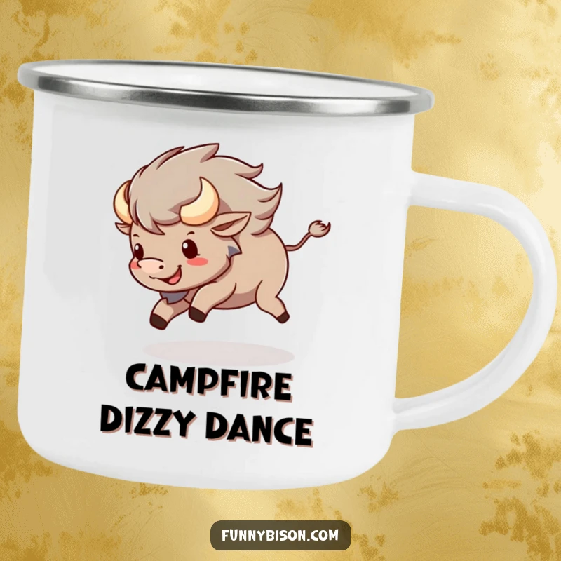 Funny Kawaii bison camping mug showing a happy bison spinning and chasing its tail, perfect for adventurous fun.