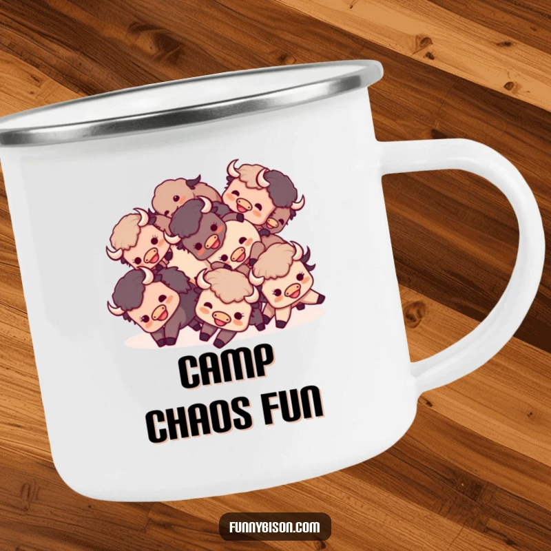 Funny Kawaii bison camping mug showing a small group of happy bison playfully tumbling together, perfect for cheerful outdoor fun.
