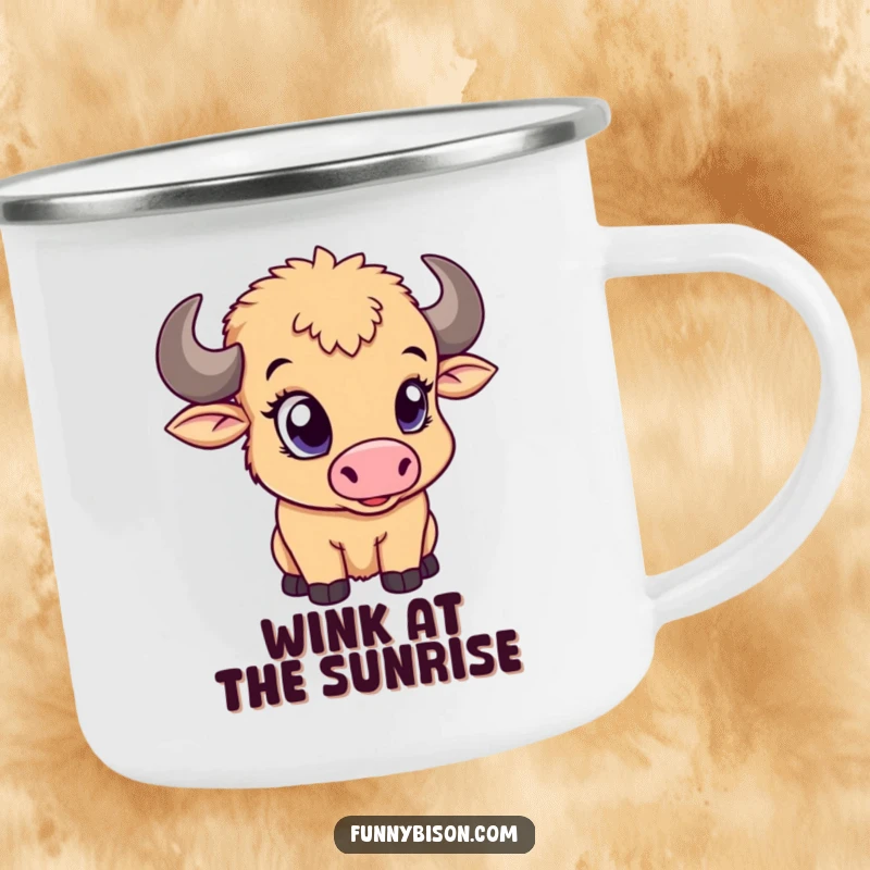 Funny camping mug with a cute bison calf giving a playful wink with its big eye, ready for campfire conversations.