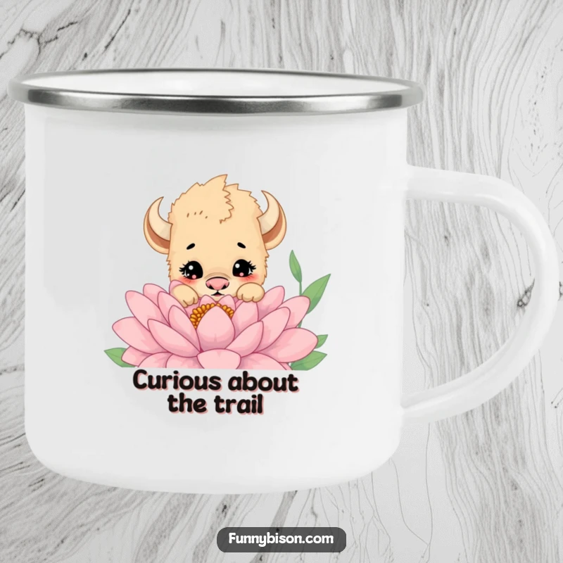 Funny camping mug with a cute bison cub peeking curiously over a large flower, perfect for campfire stories and contemplation.