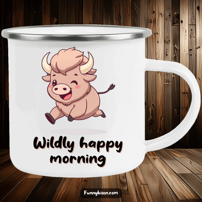 Funny kawaii bison prancing with exuberant joy on a rugged camping mug, perfect for enjoying beverages during outdoor adventures.
