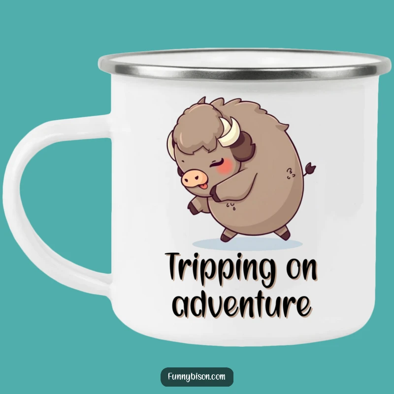 Funny Round Bison Tripping Camping Mug - Playful Fluffy Bison Adventure