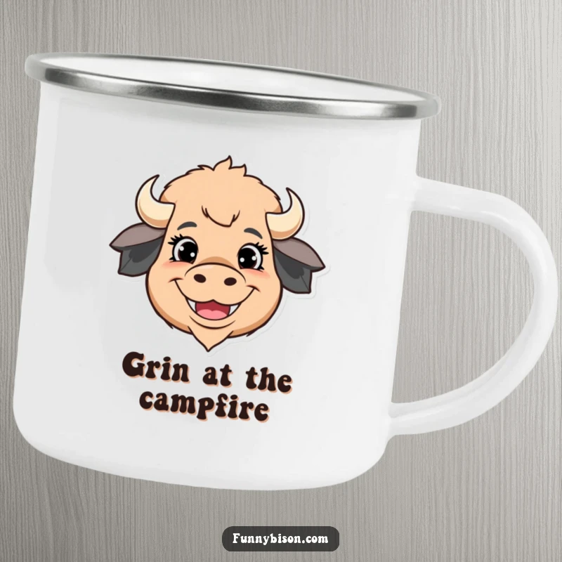 Funny camping mug with a stylized bison head, exaggerated happy eyes, and a wide grin, perfect for campfire enjoyment.