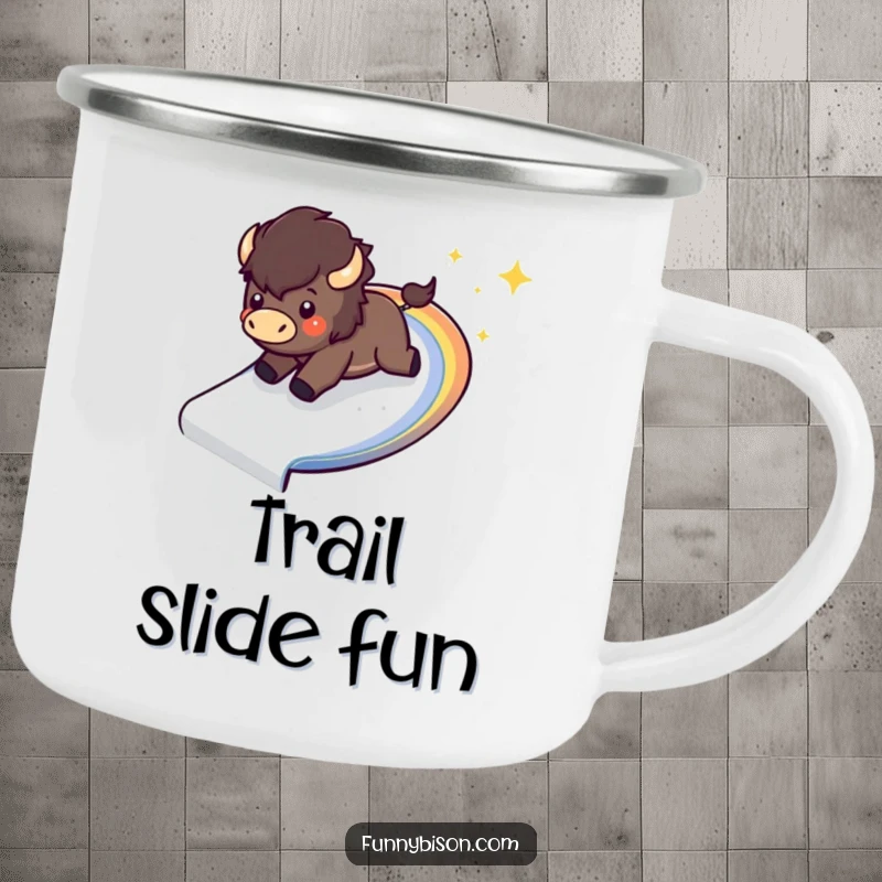 Funny Kawaii bison camping mug showing a happy bison sliding down a sparkling, curved rainbow, perfect for thrilling outdoor adventures.