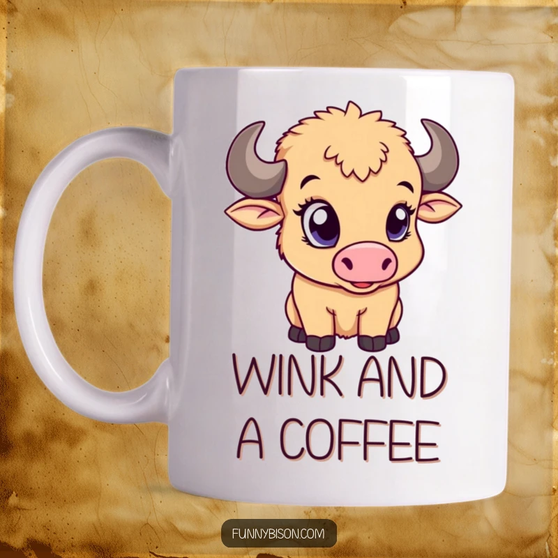 Funny mug featuring an adorable bison calf giving a playful wink with its large, expressive eye, radiating cute mischief.