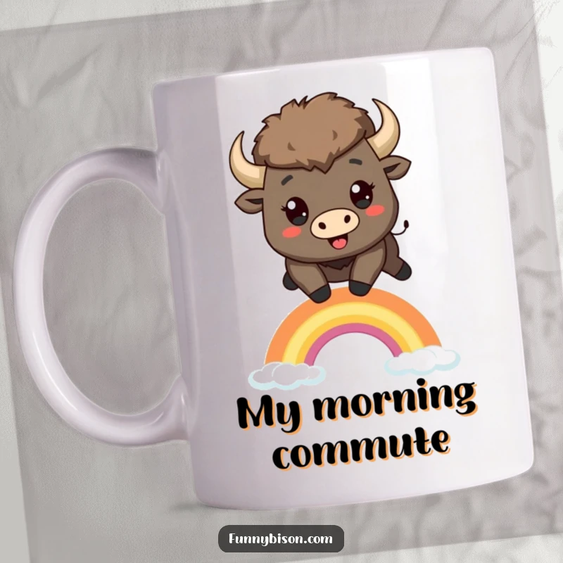 Funny Kawaii bison mug featuring a large-eyed bison joyfully leaping over a small, stylized rainbow, bringing smiles and cheer.