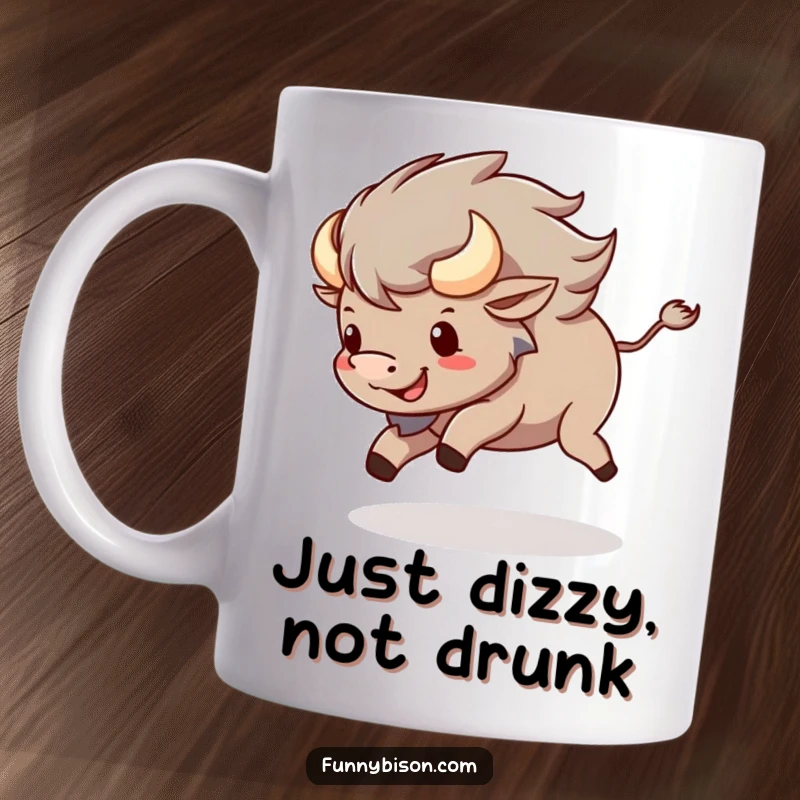 Funny Kawaii bison mug featuring a happy bison playfully spinning in circles, chasing its own tail with a delighted expression.