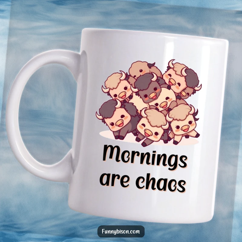 Funny Kawaii bison mug featuring a small group of happy bison playfully tumbling and rolling together in a heap.