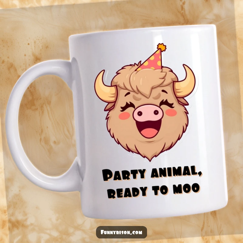Funny mug featuring a cute bison's head adorned with a party hat, its mouth wide open in a hilarious, infectious laugh.