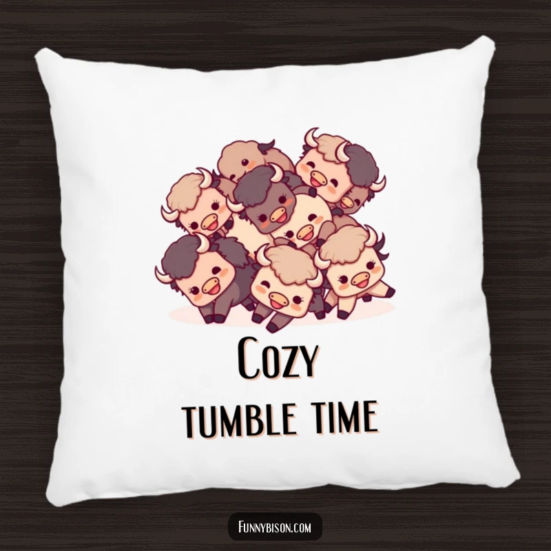 Funny Kawaii bison pillow with a small group of happy bison playfully tumbling together, perfect for adding soft, humorous decor.