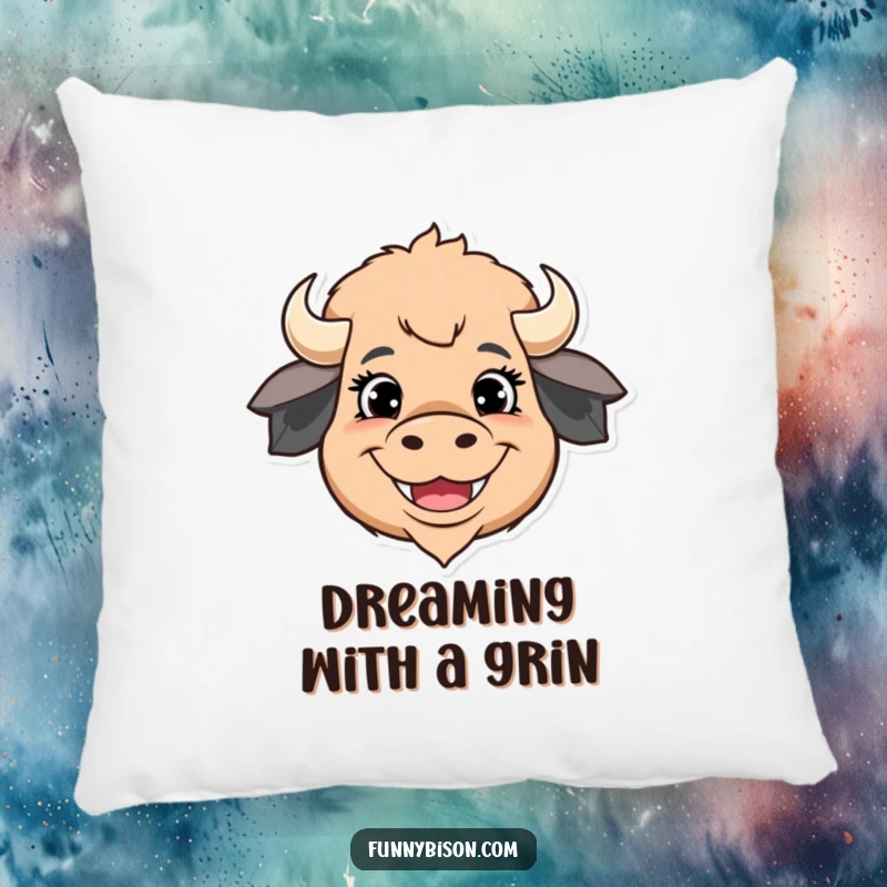 Funny pillow featuring a stylized bison head with over-the-top happy eyes and a wide, constant grin, offering comfort and cheer.