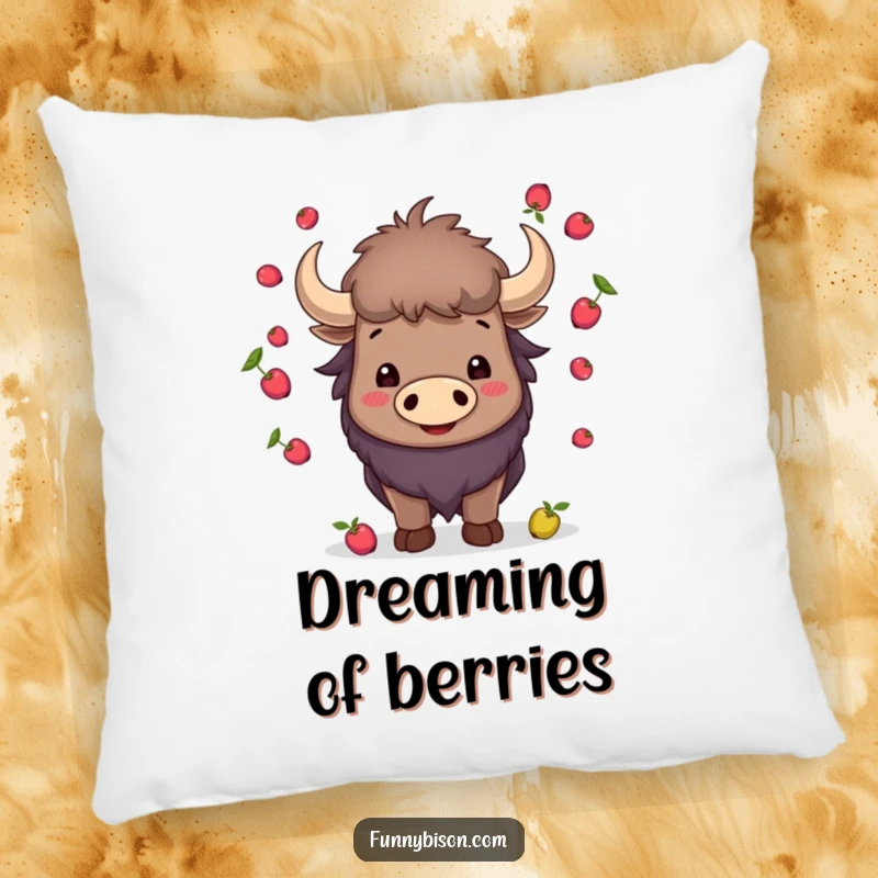 Funny smiling bison juggling small berries with its horns, featured on a plush pillow for humorous comfort and charm.