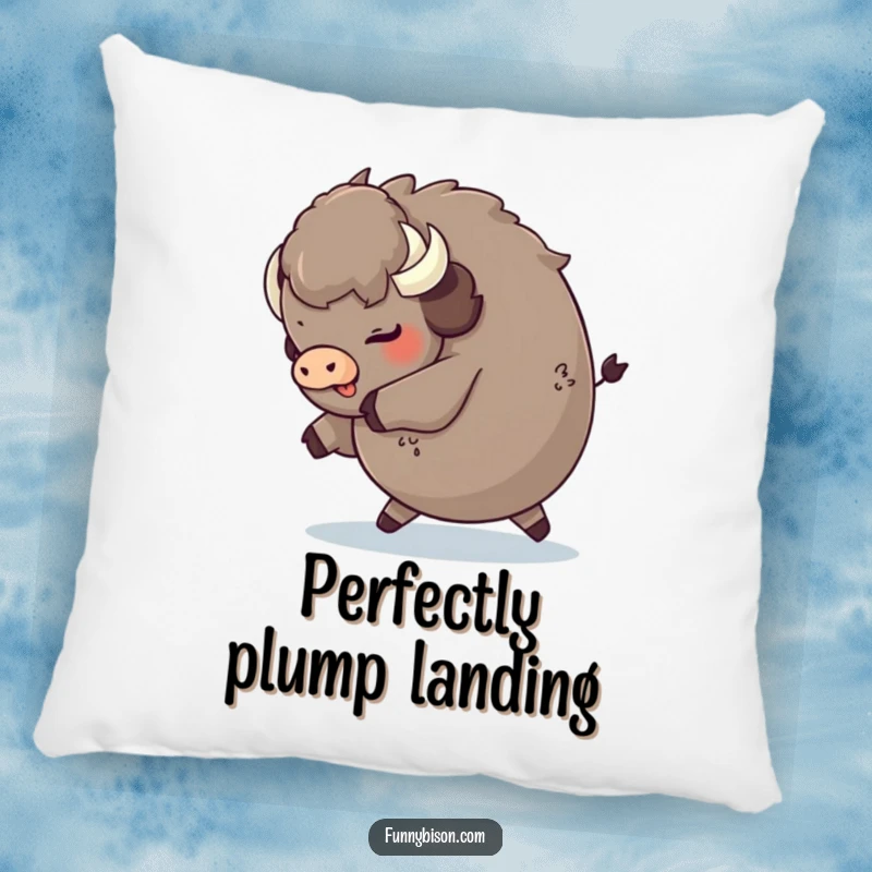 Funny round bison tripping playfully and landing on its fluffy rear, featured on a plush pillow for humorous comfort.