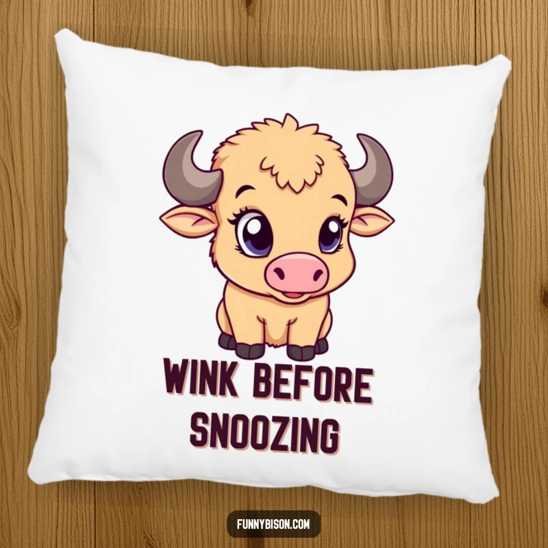Funny pillow featuring a cute bison calf with a large eye playfully winking, offering comfort and a charming presence.