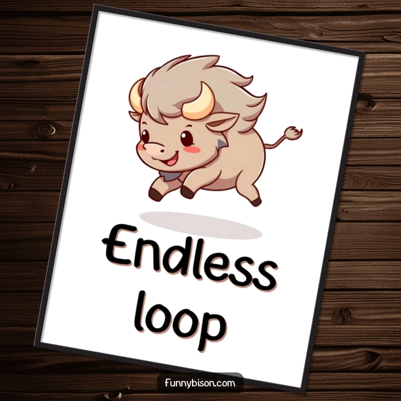 Funny Kawaii bison digital art print of a happy bison spinning around, chasing its tail, perfect for instant playful decor.