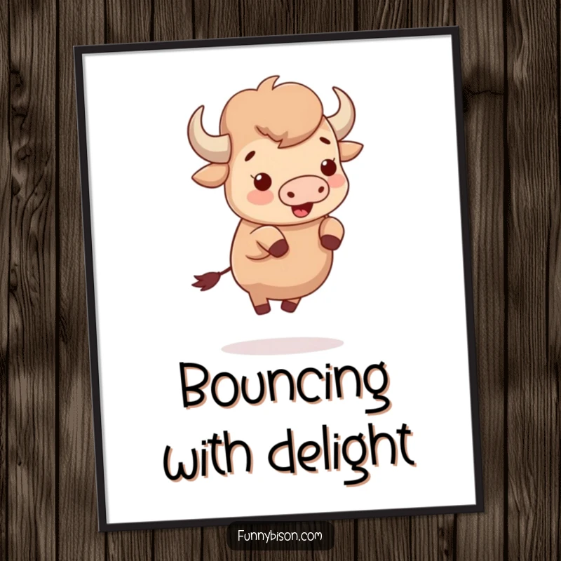 Funny cute bison bouncing with uncontainable delight on tiny hooves, captured in a humorous and cheerful digital art print.