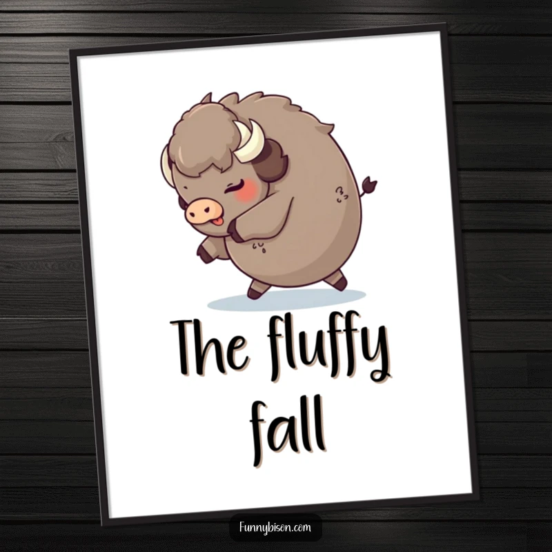 Funny round bison tripping playfully and landing on its fluffy rear, captured in a humorous and charming digital art print.