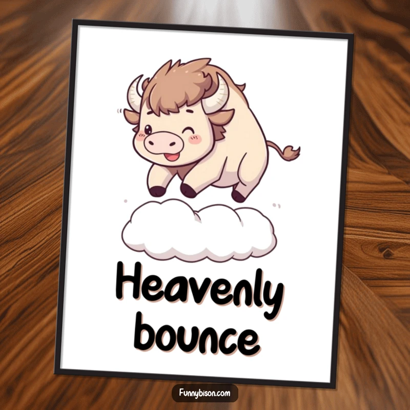 Funny Kawaii bison digital art print of a happy bison bouncing on a large, soft cloud, perfect for instant cheerful decor.