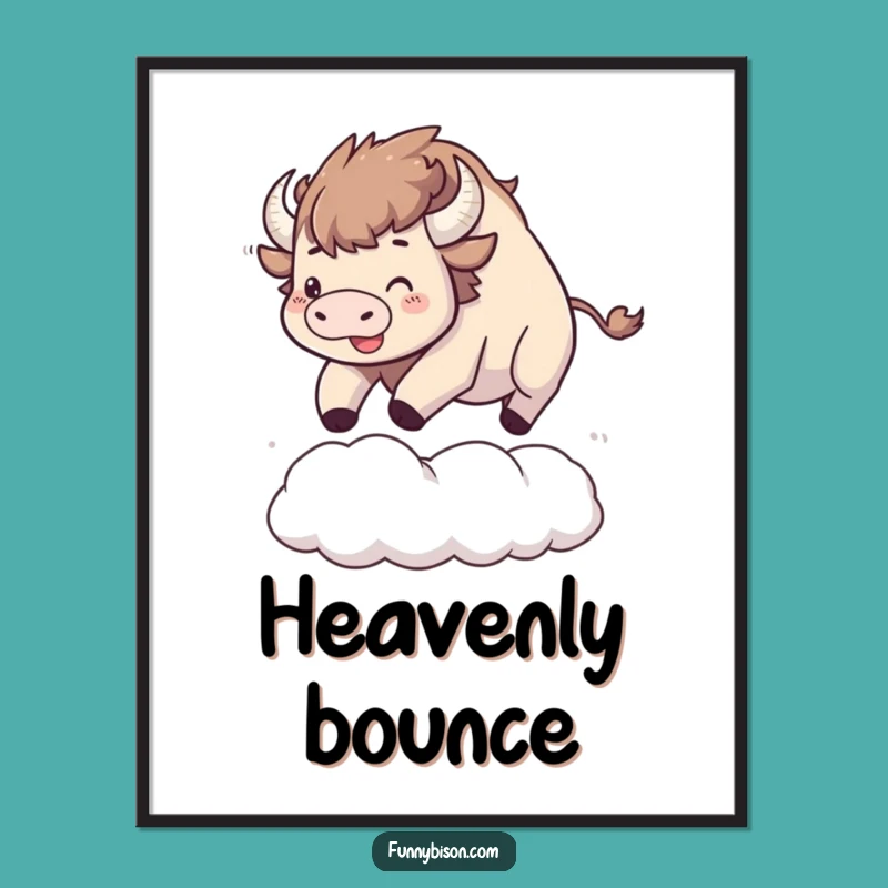Instant Funny Kawaii Bison Cloud Bounce Digital Print - Cheerful Bison Wall Art Gift