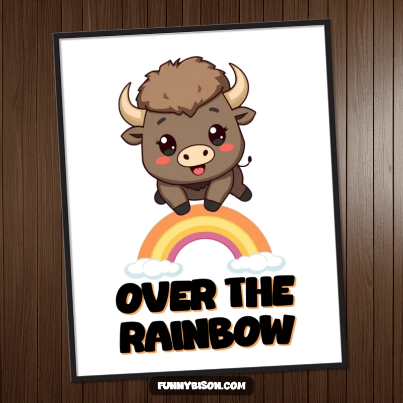 Funny Kawaii bison digital art print of a happy bison leaping over a small, stylized rainbow, perfect for instant cheerful decor.