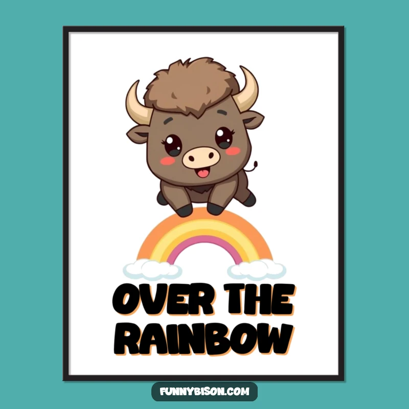 Instant Funny Kawaii Bison Rainbow Leap Digital Print - Cheerful Bison Wall Art Gift