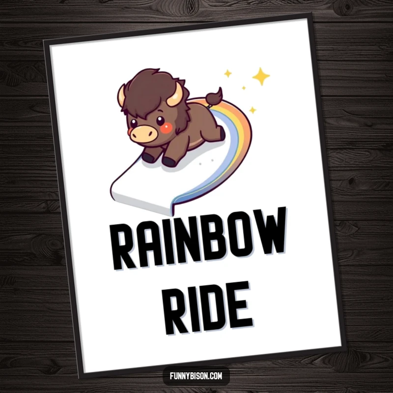 Funny Kawaii bison digital art print of a happy bison sliding down a sparkling, curved rainbow, perfect for instant thrilling decor.