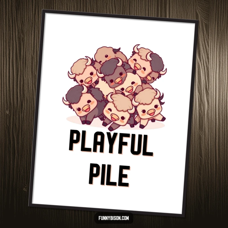Funny Kawaii bison digital art print of a small group of happy bison playfully tumbling together, perfect for instant playful decor.