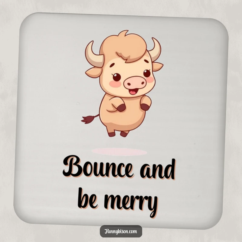 Funny cute bison depicted bouncing with sheer delight on tiny hooves, featured on a protective and humorous drink coaster.