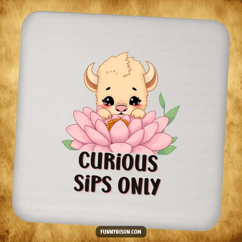 Funny drink coasters featuring a cute bison cub with a curious expression, peeking over a flower, offering charming surface protection.