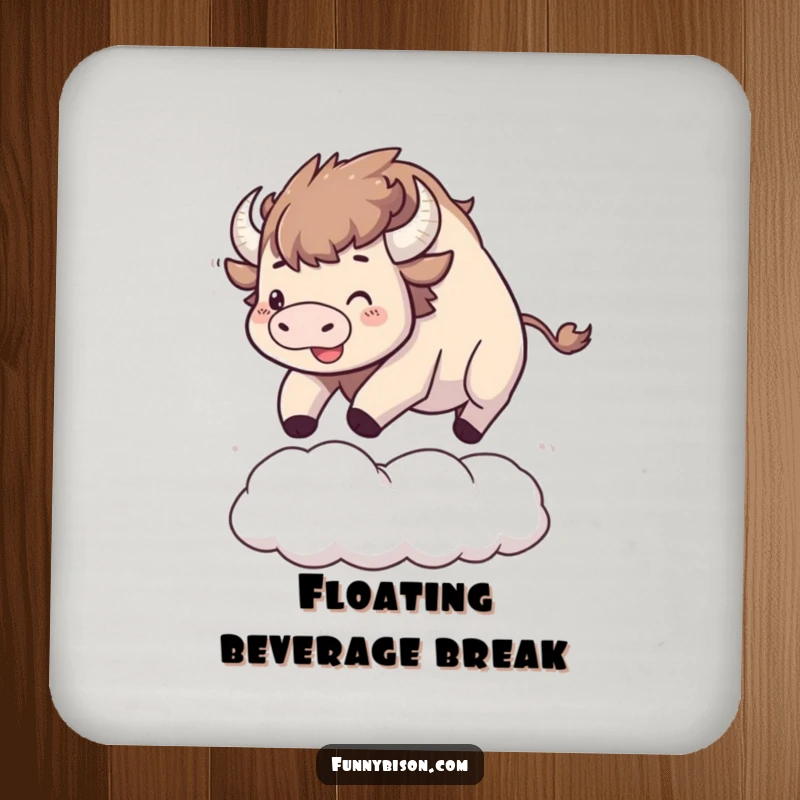 Funny Kawaii bison coaster featuring a happy bison bouncing on a large, soft cloud, adding playful charm.