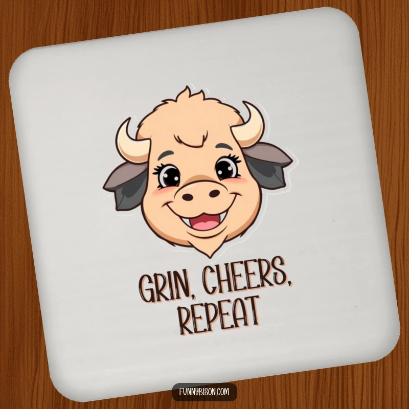 Funny drink coasters featuring a stylized bison head with exaggerated happy eyes and a wide grin, offering cheerful surface protection.