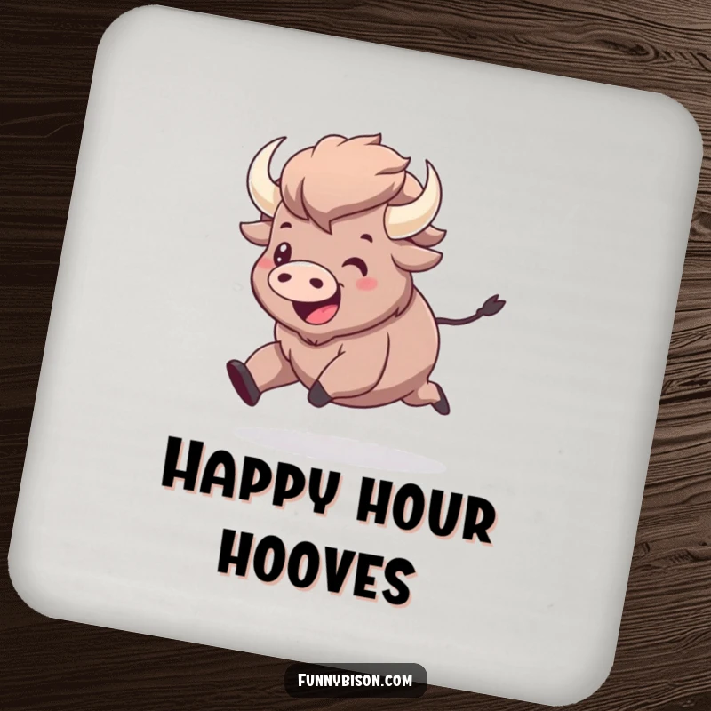Funny kawaii bison prancing with pure joy, illustrated on a drink coaster to add a humorous and protective touch to furniture.