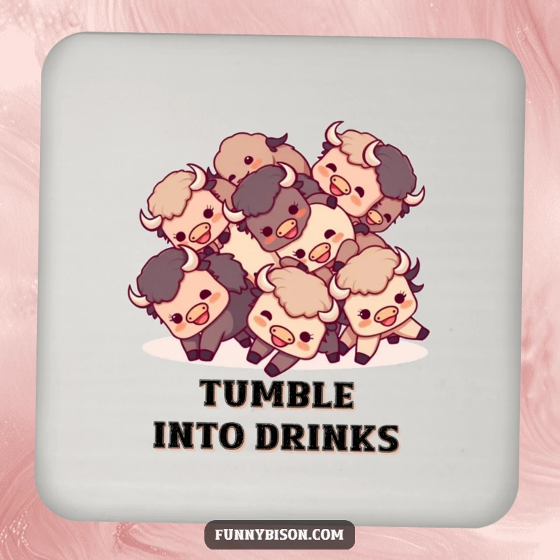 Funny Kawaii bison coaster featuring a small group of happy bison playfully tumbling together, adding playful charm.