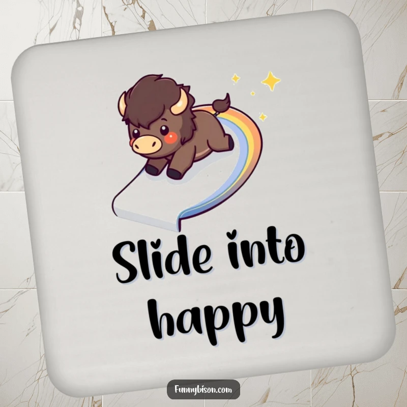 Funny Kawaii bison coaster featuring a happy bison sliding down a sparkling, curved rainbow, adding playful excitement.