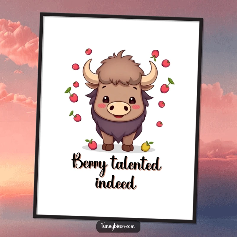 Funny smiling bison juggling small berries with its horns, presented as an artful and humorous wall poster.