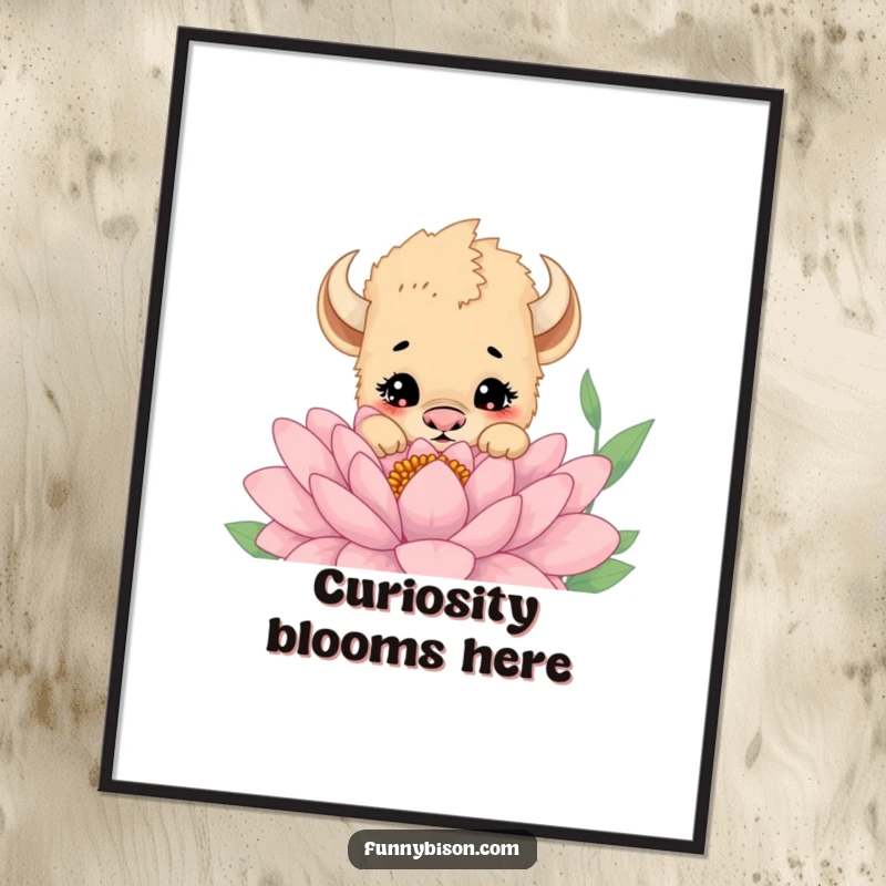 Funny poster showcasing a cute bison cub peeking curiously from behind a large flower, capturing a moment of sweet discovery.