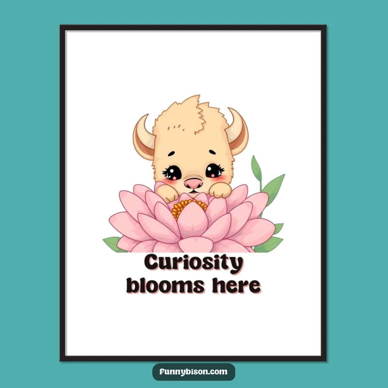 Funny Bison Cub Flower Poster: Curious Peek Art, Adorable Funny Gift