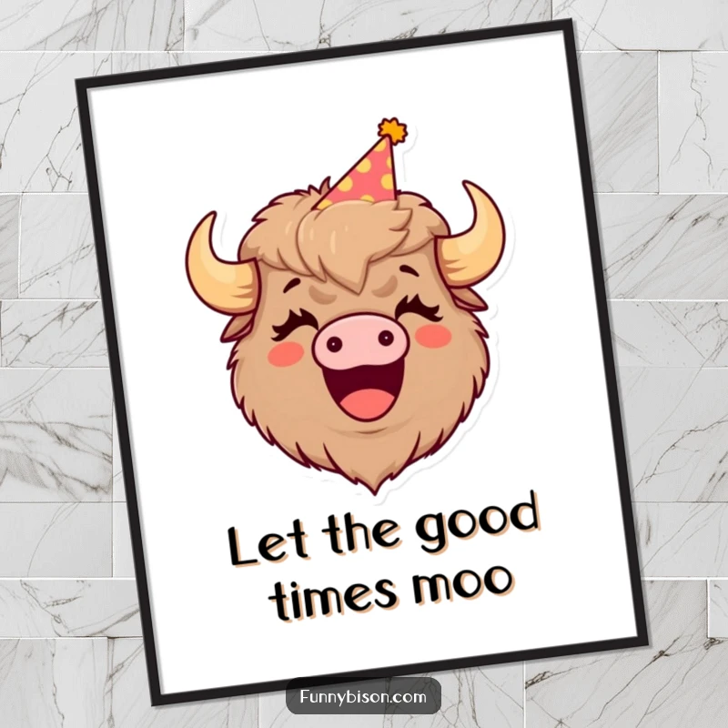 Funny poster of a cute bison wearing a party hat, mouth wide in a hilarious laugh, bringing vibrant energy to any room.