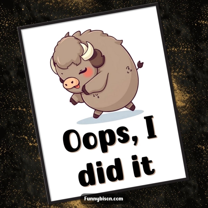 Funny round bison tripping playfully and landing on its fluffy rear, presented as an artful and humorous wall poster.