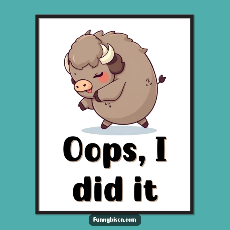 Funny Round Bison Tripping Poster - Playful Fluffy Rear Bison Art