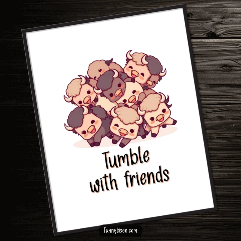 Funny Kawaii bison poster showing a small group of happy bison playfully tumbling and rolling over each other in a cute heap.