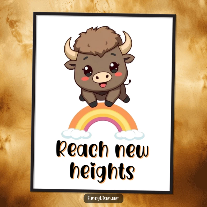 Funny Kawaii bison poster showing a large-eyed bison joyfully leaping over a small, stylized rainbow, creating a vibrant, happy scene.