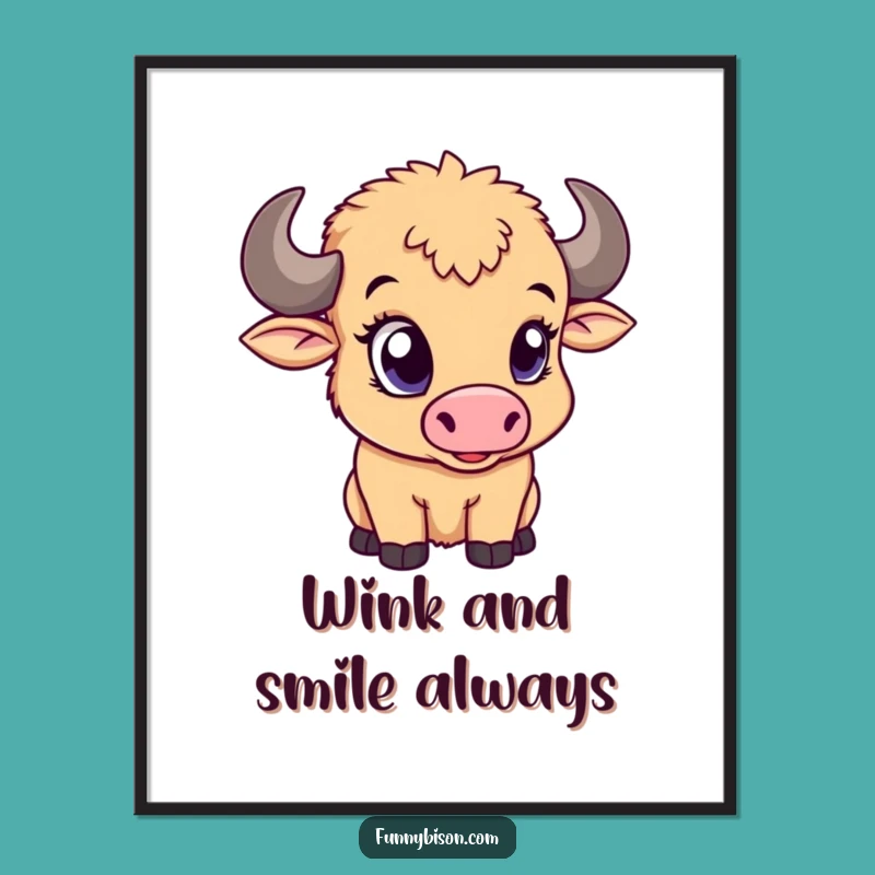 Funny Bison Calf Wink Poster: Adorable Art, Playful Expression, Great Funny Gift