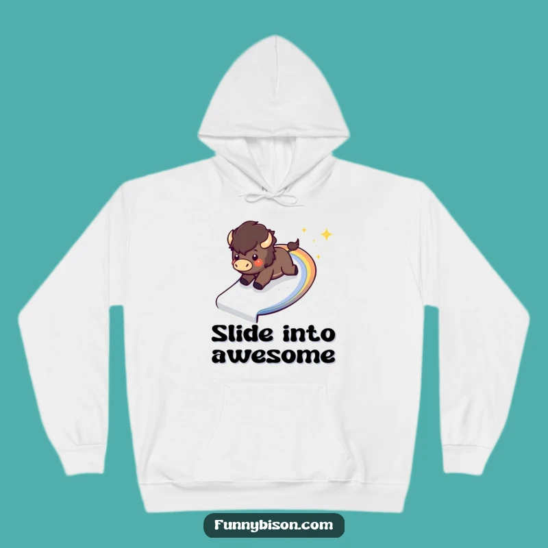 Cozy Funny Kawaii Bison Rainbow Slide Hoodie - Warm & Whimsical Bison Gift